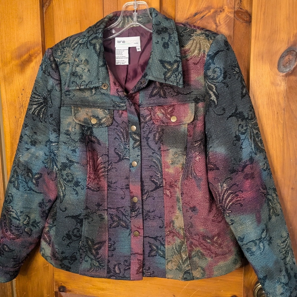 LANA SPORT* tie dye long sleeve collared small front metallic embroidered jacket